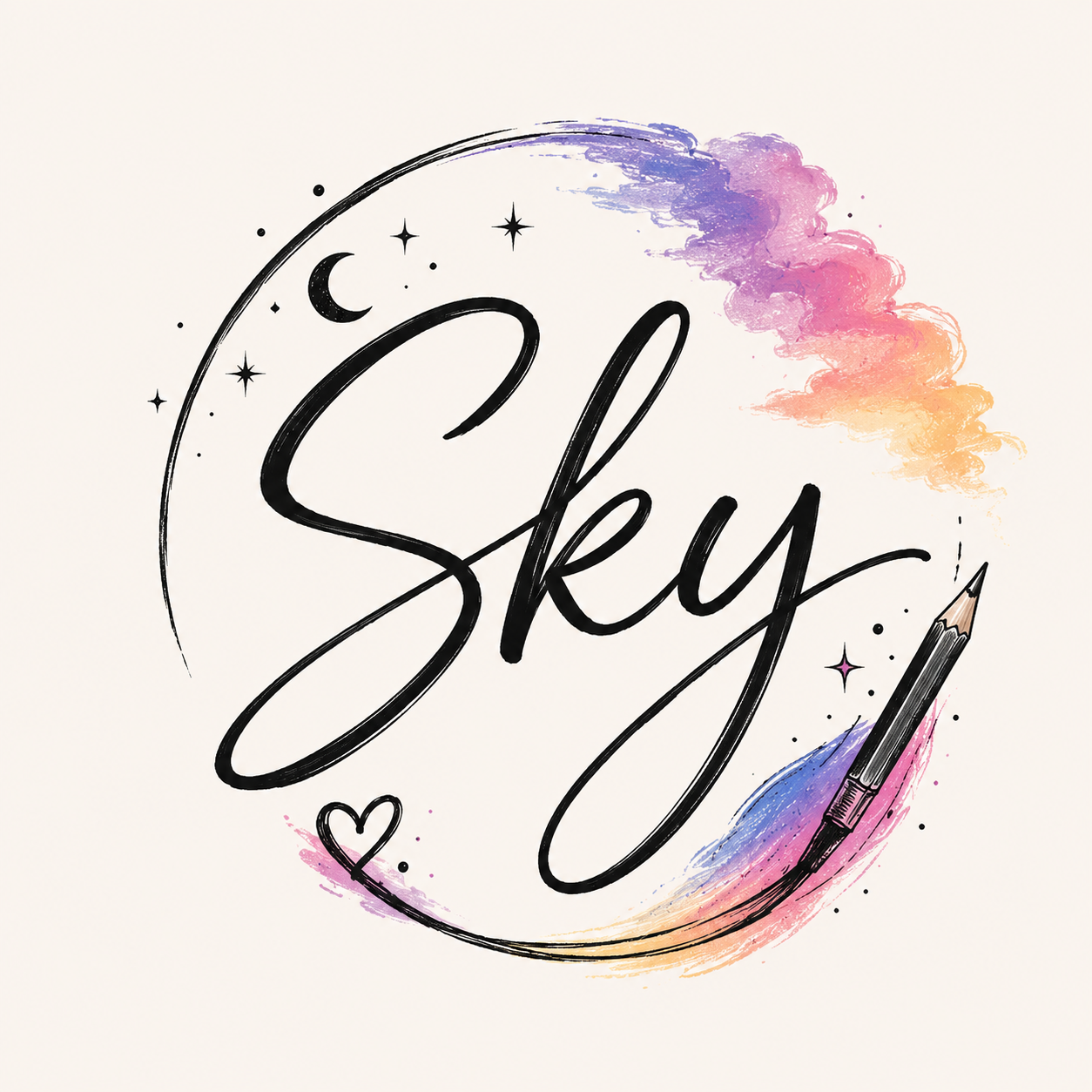 Sky's Art — hand-lettered logo with watercolor clouds, moon and stars